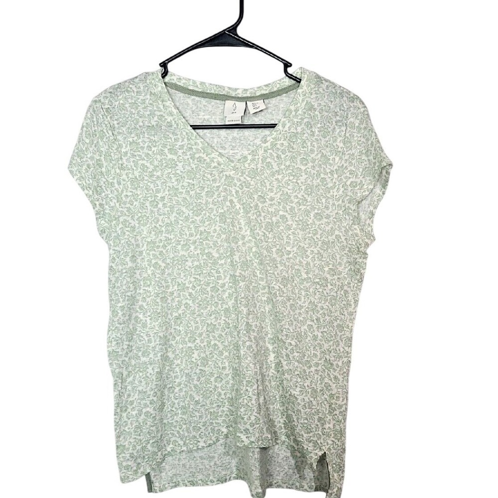 Joie Womens 100% Linen V-Neck T-Shirt Sage Green Floral Damask Print Large